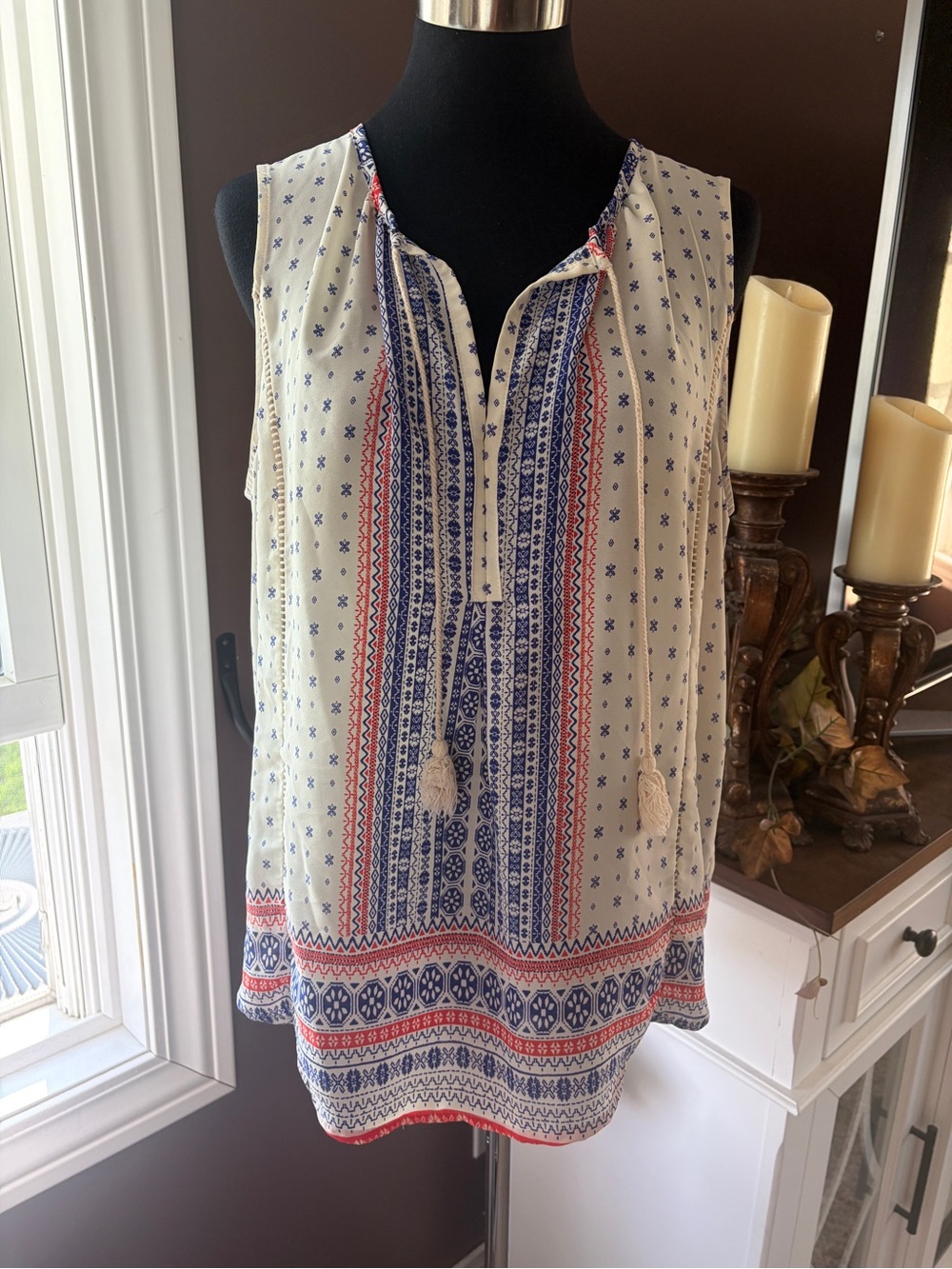 Collective Concepts Ivory Sleeveless Boho Tunic with Blue & Coral Print
